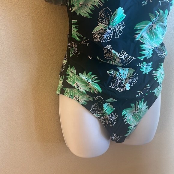 Hilor One Piece Asymmetric One Shoulder Bathing Suit Black/Green Womens Size 10 - Picture 7 of 16